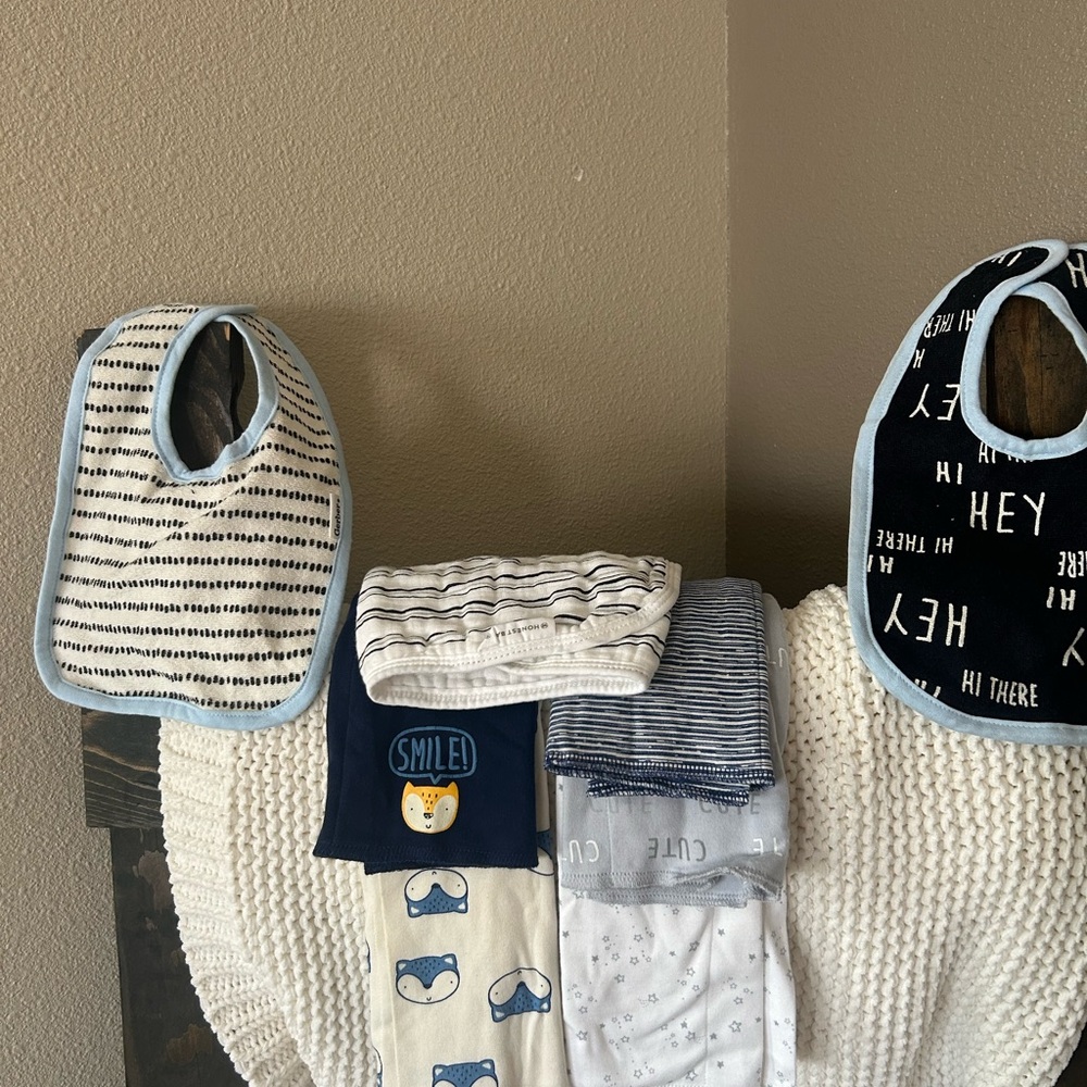 Blue and White Baby Bib and Burp Cloth set